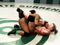 Ebony Yasmine Loven and MILF Sara Jay flaunt their big tits and wrestle