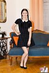Pigtailed Crystal Greenvelle hikes her skirt to reveal shaved teen pussy