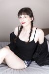 Amateur brunette with red lipstick Destine fingering her hairy pussy