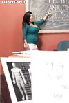 Brunette teacher Daylene Rio catches a load of cum from a student on her juggs