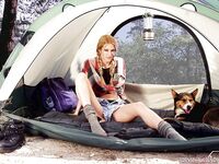 Sexy MILF Jessica Drake toys her pussy inside tent while camping