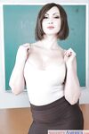 Older schoolteacher Yasmin Scott stripping for nude modeling gig in classroom