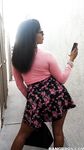 Busty black girl Porsha Carrera bends over in high heels for upskirt