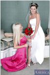 Busty blonde Nikki Benz helping Penny Flame to try on wedding dress