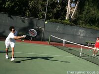 Sexy Penny Flame entices with ass & cleavage in tight dress on a tennis court