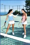 Three stunning sports babes pleasing one cock on a tennis court