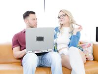 Nerdy blonde Lisey Sweet seduces her man friend in striped OTK socks