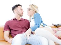 Nerdy blonde Lisey Sweet seduces her man friend in striped OTK socks
