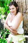 Chubby girl with freckles and big natural boobs spreads hairy cunt outside