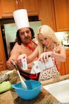 Cook blonde Rebecca Blue gives a blowjob and rides her older chef