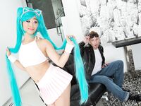 Asian cutie Ayumu Kase seduces a white boy in her cosplay outfit