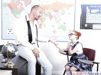 Glasses and uniform attired redheaded schoolgirl Dolly Little giving bj