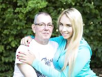 Young blonde girl with big boobs has sex with her sugar daddy in driveway