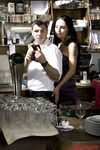 Hot MILFs get double fucked inside a restaurant by fully clothed waiters