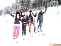 Best friends flash teen tits in the snow and enjoy hot ski lodge lesbian orgy