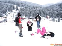 Best friends flash teen tits in the snow and enjoy hot ski lodge lesbian orgy