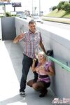 Blonde slut dose blowjob to her man in stockings, outdoor on the street