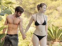 Sexy girlfriend in bikini Beatrice fucks her boyfriend & his buddy outdoors