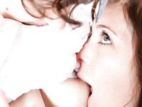 Lesbians Dana B and Iveta lick nipples and hairy pussy during lez sex