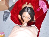 Naked ebony babe Sarah Banks chokse when sucking a big white