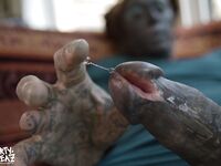 Tattooed lesbians Anuskatzz and Lily have sex with a strapon cock