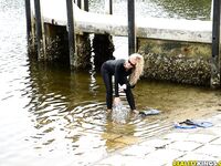 Blonde chick in wetsuit gets picked up at the lake for a quickie