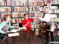 Grey haired teen Skylar Vox reveals her big juggs & gets rammed in the library