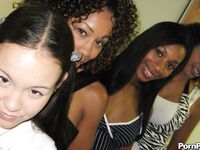 Three ebony MILFs & a pigtailed teen get nude to show hot ass & small breasts