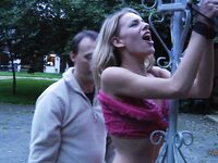 Naked female sub crucified outdoors & brought inside for suspension & whipping