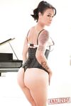 Asian MILF Dana Vespoli spreads her legs to show her pussy in black corset