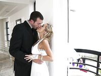Curvaceous blonde bride gives a blowjob and gets shagged hardcore