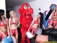 Cheerleaders strip the team's mascot naked before jerking on his cock