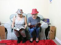 Two old lesbians exposes their big boobs and bare asses together