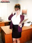 French babe Chloe Vevrier freeing huge boobs in hose on secretary's desk