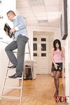 Stocking and high heel attired brunette gives big cock bj and handjob