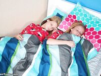 Tiny teen girls Alyssa & Hope show small tits and give handjob in hot 3some