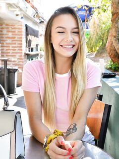 Adorable teen Nayomi masturbates her gaped twat after upskirt panty display