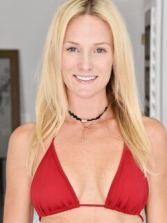 Mature blonde Sydney Hail sheds red bikini for a spread pussy extreme closeup