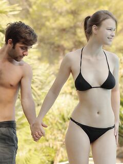 Sexy girlfriend in bikini Beatrice fucks her boyfriend & his buddy outdoors