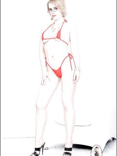 Blonde MILF in thong bikini showing off her big jugs and shaved slit