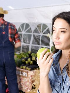 Beautiful farmer's wife Eva Lovia gets rammed at the vegetable market