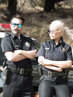 Blonde Spanish copper Bridgette B fucks a hot criminal on the cop car